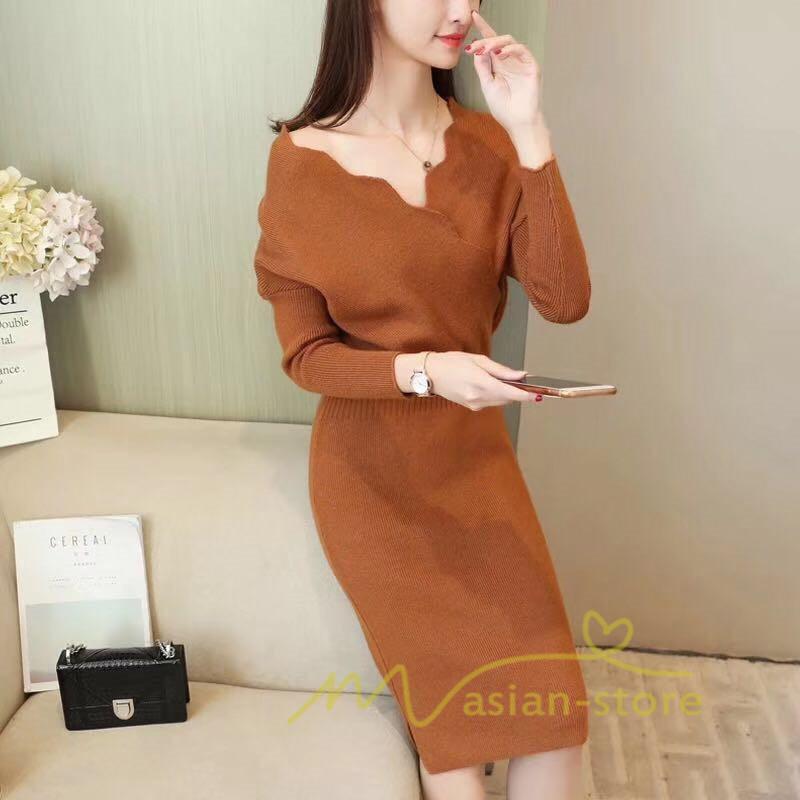 在庫ある | 短納期ニットワンピース 膝丈ワンピース タイトワンピース 長袖 インナー カットソー Vネック エレガント 着痩せ シルエット ビジネスオフィスフォーマル