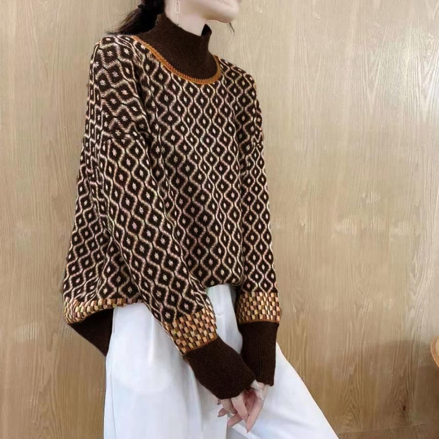 ニット・セーター | 配色ダイス柄ニットトップスハイネック