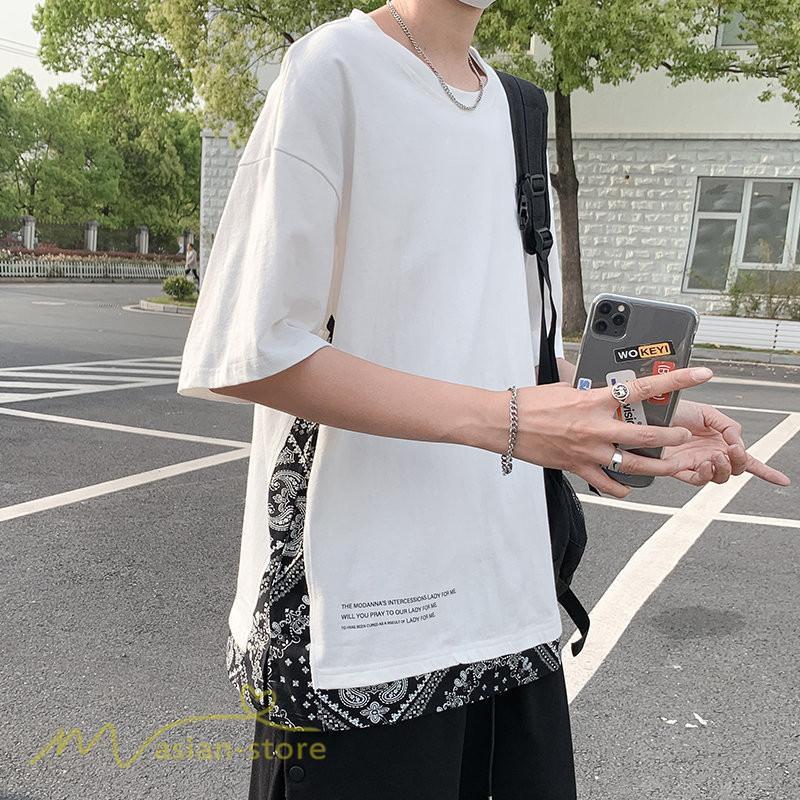 Tシャツ | Tシャツ メンズ 半袖 重ね着風 カジュアル半袖tシャツ 夏新作 メンズスタイル カットソー 上品 切り替え 2XL 大きいサイズ クルーネック 黒 白