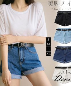 ジーンズ、デニム | ハイウエスト ベルト付き レディース ロールアップ ショーパン デニムショートパンツ 夏