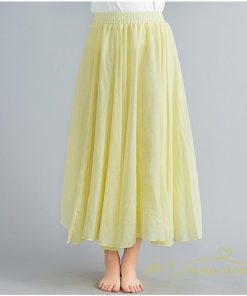 スカート | ロング綿麻フレアウエストゴム ハイウエスト 85cm ネイビー イエロー 無地 夏物 可愛い 春服
