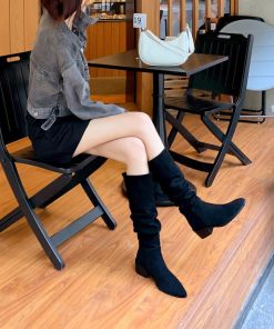 ニーハイブーツ | スエード調 ジョッキーブーツ ローヒール