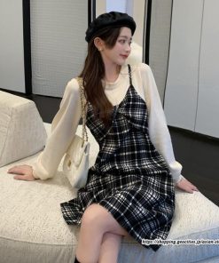 ミニ丈 | チェック柄ワンピース 膝上丈 長袖 切り替え フェイクレイヤード Aラインワンピース スリム 通学通勤 可愛い ミニワンピース ワンピ 低身長 ワンピース 秋物