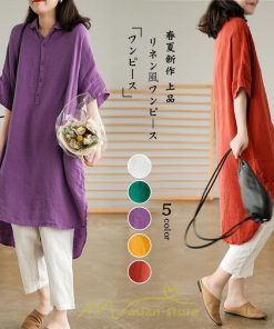 送料無料SALE | ワンピース 夏シャツ レディース 五分袖 シャツワンピース 綿麻 無地 プルオーバー 体型カバー ゆったり 大きめ 夏服 ポケット 30代40代 膝丈 おしゃれ 前後差