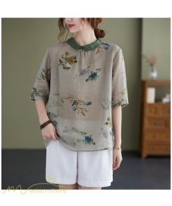 ｔシャツ・カットソー | Tシャツ Tシャツ プリント カジュアル 麻綿 リネン シャツ トップス サマーシャツ 襟付き カジュアル 大きいサイズ 夏コーデ 5分袖 麻綿 トレンド レディース