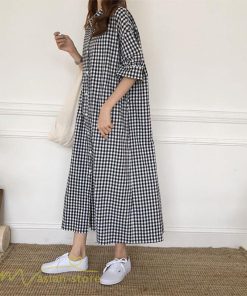 マキシ | ワンピース シャツワンピース チェック柄 可愛い マキシワンピース レディース 5分袖 春 夏 秋 20代 30代 着痩せ Aラインワンピース フリーサイズ 40代 50代