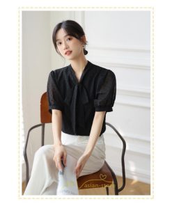 シャツ・ブラウス | ブラウス レディース おしゃれ きれいめ 半袖ブラウス カジュアル 無地 フォーマル オフィス オフホワイト 黒 シフォン OL 蝶結び 通勤 新作 お出かけ ビジネス