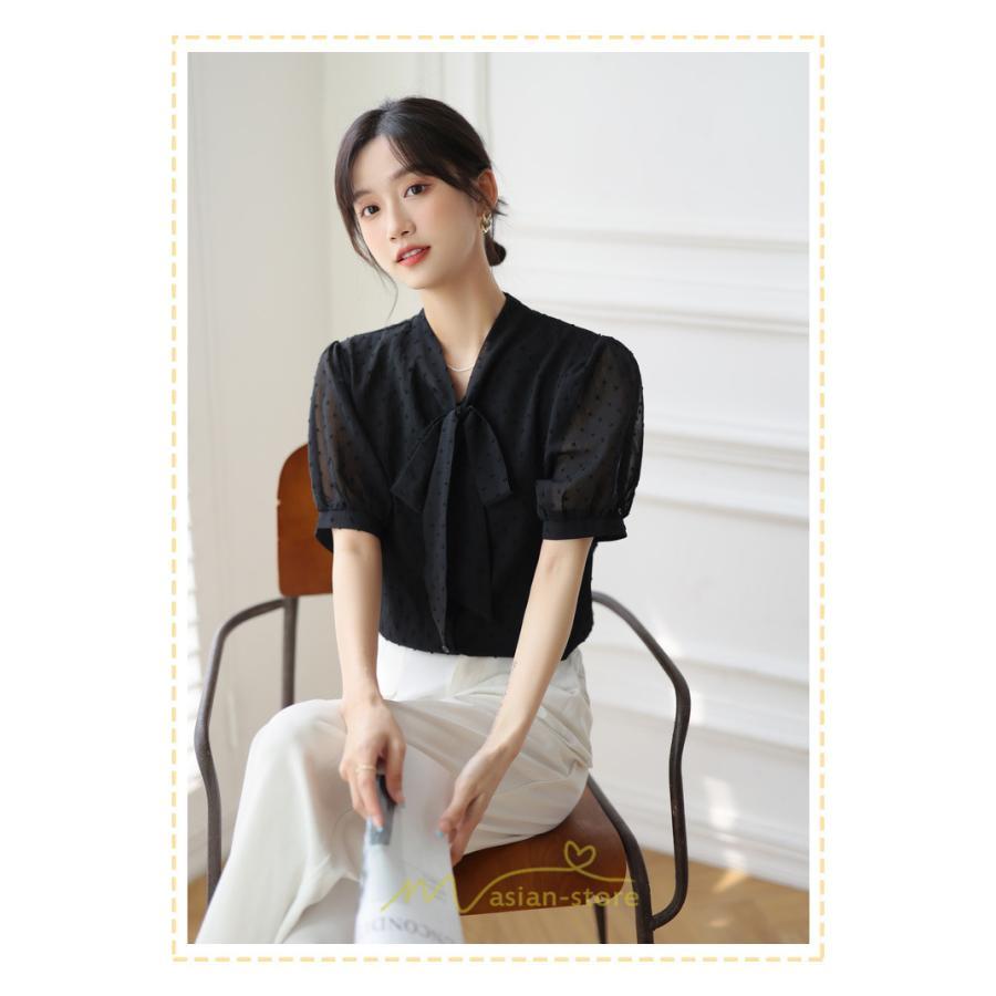 シャツ・ブラウス | ブラウス レディース おしゃれ きれいめ 半袖ブラウス カジュアル 無地 フォーマル オフィス オフホワイト 黒 シフォン OL 蝶結び 通勤 新作 お出かけ ビジネス