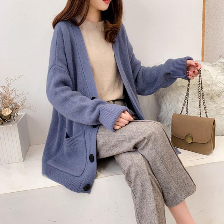 カーディガン | アウター ゆったりVネック ポケット付き 体型カバー 羽織 カーデトップス 無地 おしゃれ ニットレディース