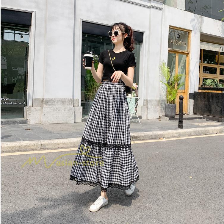 スカート | 2022年春新作 レディース ディース ボトムス チェックロング丈 ウエストゴム チェック柄 春 20代30代40代 通勤通学 カジュアル レトロ風 夏