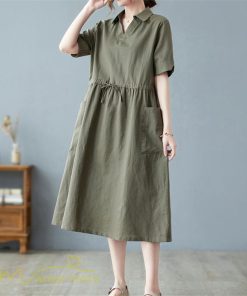 マキシ | ワンピース ゆるワンピース 無地 シャツワンピース ネック 麻混 ひざ丈 ウエスト紐 カジュアル ポケット 体型カバー ゆったり 30代 50代 夏物 40代 シンプル
