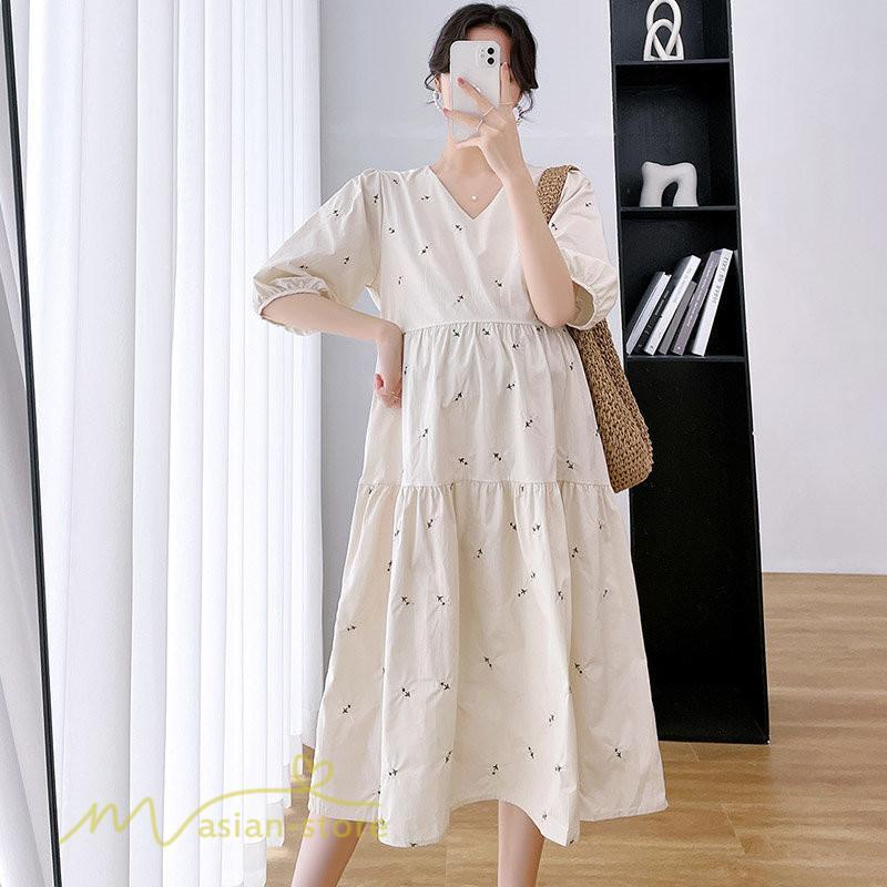 ワンピース | マタニティレディース 着痩せ 半袖 サマーマタニティウェア 上品 Aライン ゆる大きいサイズ お出かけ 韓国風 Vネック 妊婦服