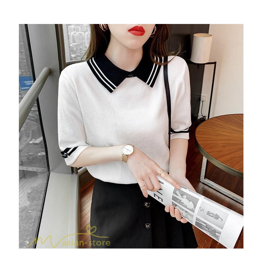 tシャツ・カットソー | レディース トップス Tシャツ 着痩せ ニット きれいめ 女性着 ポロ 着回し 学院風 5分袖 可愛い 配色切替 上品 サマー風 20代 アウトドア 夏コーデ 新作 人気