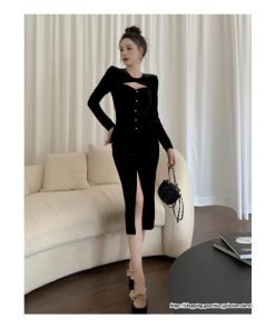 ワンピース | ワンピースタイトワンピース長袖 上品 セクシー高級感 タイトヒップアップ タイト スリム 美ライン シルエット お呼ばれ エレガント