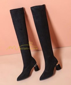 ロングブーツ | ニーハイブーツ スエード調 美脚 秋冬 ストレッチ チャンキーヒール 太ヒール レディース 走れる 黒 美脚 無地 ブーツ ハイヒール