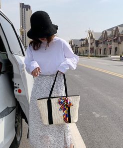 ハンドバッグ | 草編みバッグ リボン スカーフ付き かごバッグ 手提げバッグ レディース ストローバッグ 大容量 トートバッグ ハンドバッグ