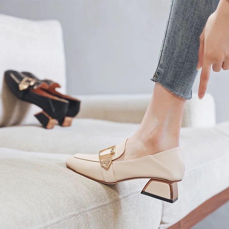 パンプス | スクエアトゥ チャンキーヒール ミドルヒール スリッポン レディース スリップオン シューズ 太ヒール ローファー 黒 22.5cm-25cm ブラック 30代