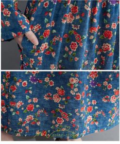マキシ | ワンピース レディース 大きいサイズ 長袖 ロング丈 マキシ丈 丸首 コットン 花柄 青 夏 秋 体型カバー 着痩せ ゆったり ポケット 美シルエット 広がる裾 通勤