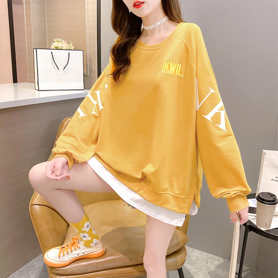 パーカ | カジュアル体型カバー レディース 韓国風 トップス ゆったり パーカートレーナー 長袖 スウェット チュニックロンT レイヤード風