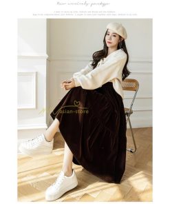 スカート | ロングティアードAラインミモレ丈 フレアビロードウエストゴム ハイウエスト 秋冬 無地 ゆったり