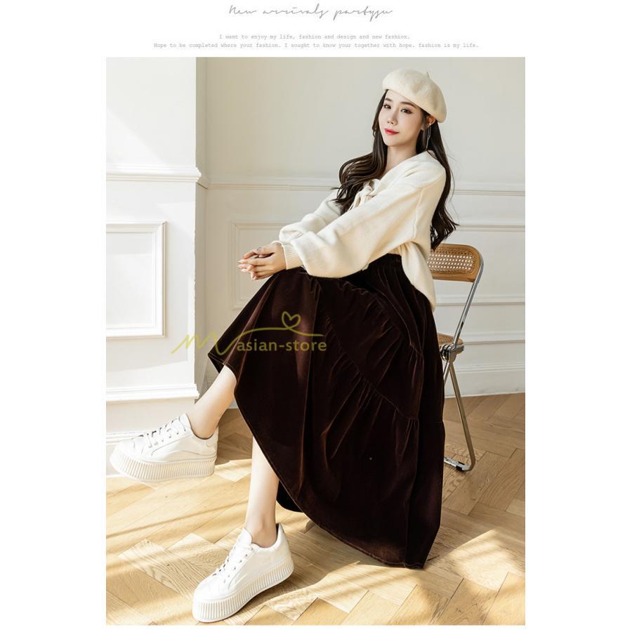 スカート | ロングティアードAラインミモレ丈 フレアビロードウエストゴム ハイウエスト 秋冬 無地 ゆったり