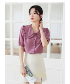 シャツ・ブラウス | ブラウス シフォン トップス レディース 白 紫 夏ブラウス シフォンブラウス 半袖 オフィス 春夏 クルーネック お出かけ 着痩せ 華奢見え フリル