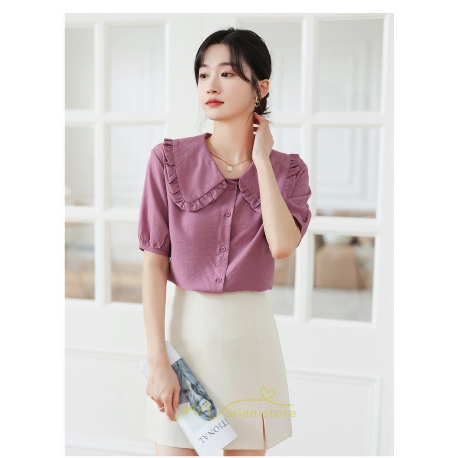 シャツ・ブラウス | ブラウス シフォン トップス レディース 白 紫 夏ブラウス シフォンブラウス 半袖 オフィス 春夏 クルーネック お出かけ 着痩せ 華奢見え フリル