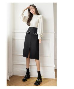 スカート | ロング丈 ミモレ丈 ハイウエスト Aライン レディース エレガント レトロ風 着痩せ 秋冬 スリット 女子会 ビジネス 通勤 OL フォーマル 就活　