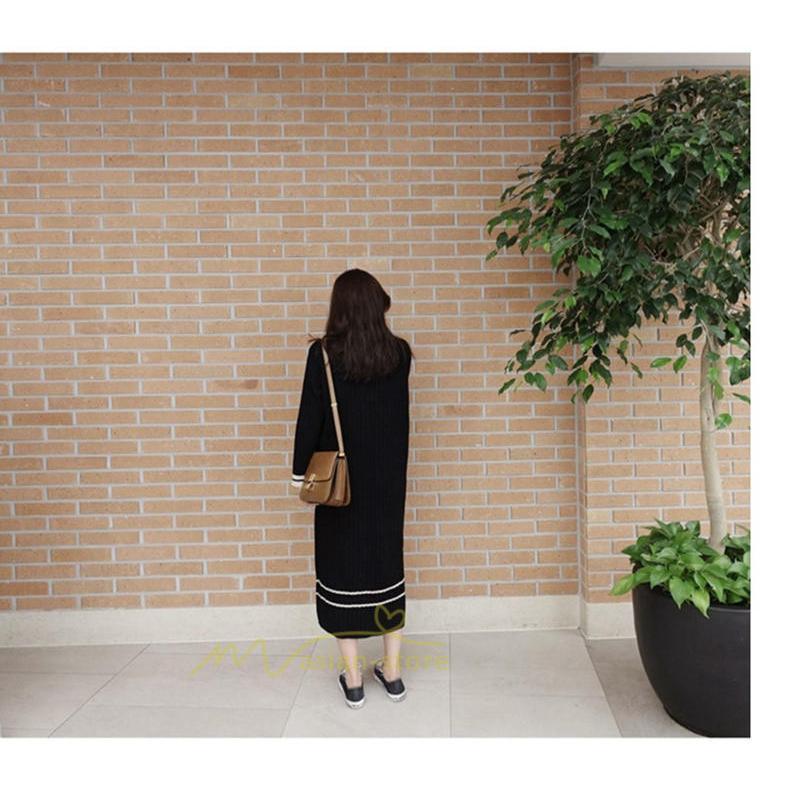 在庫ある | 短納期ロングニットワンピース ロングワンピ カットソー 長袖 トップス Vネック ゆったりセーターニット 体型カバー OL ストレートニットワンピ 通学通勤