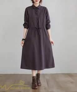 ワンピース | 長袖綿麻Aラインレディース ロングミモレ丈 無地 シャツカワイイ 大人 ワンピ