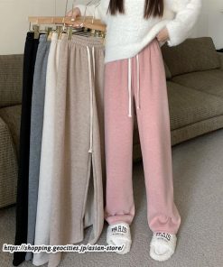 ワイドパンツ | ニットパンツ レディース 綿パンツ リブニット 秋冬 裏起毛 暖かい ロングパンツ ウエストゴム 春 パンツ シンプル 無地 ボトムス 部屋着 ズボン