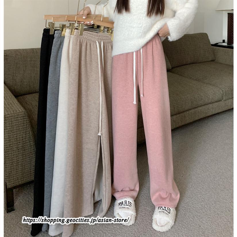 ワイドパンツ | ニットパンツ レディース 綿パンツ リブニット 秋冬 裏起毛 暖かい ロングパンツ ウエストゴム 春 パンツ シンプル 無地 ボトムス 部屋着 ズボン