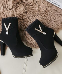 ショートブーツ | スエードブーツ レディース 切替 レース ラウンドトゥ 厚底シューズ チャンキーヒール 太ヒール 厚底 ミドルヒール サイドファスナー 黒