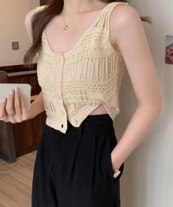 透かし編みトップス | 透かし編み タンクトップ スクエアネック