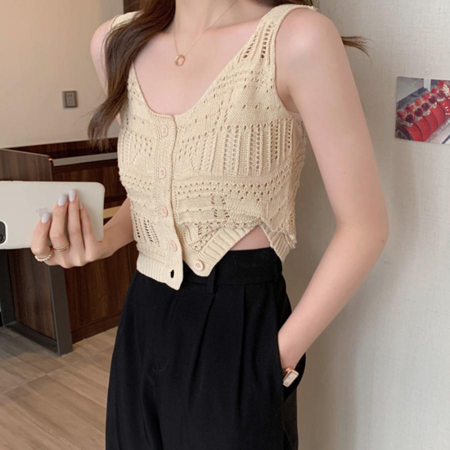 透かし編みトップス | 透かし編み タンクトップ スクエアネック