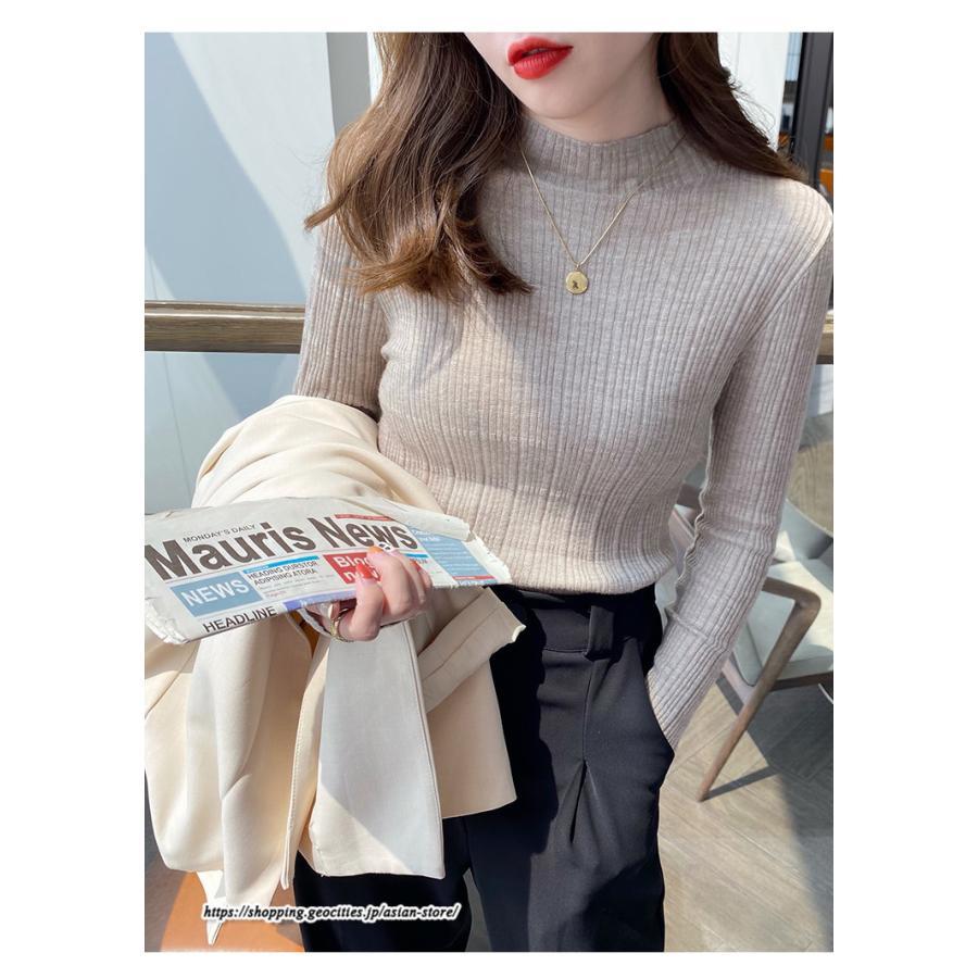 ニット・セーター | カットソー ニット レディース リブニット 長袖 秋冬 春 トップス スリム ストレッチ インナー 無地 プルオーバー 着痩せ 長袖ニット 通学通勤 長袖カットソー