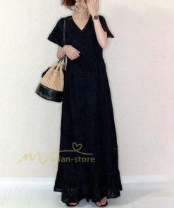 マキシ | 夏ワンピース 半袖 ロングワンピース Aライン 花刺繍 Vネック サマー ゆったり 夏コーデ 体型カバー 20代30代 黒 白 大人 40代 ママ OL シンプル フォーマル