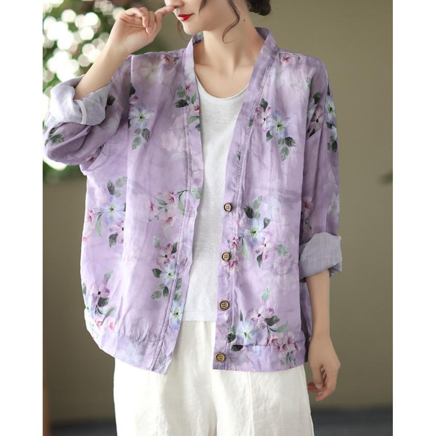 カーディガン | 麻混 レディース 花柄 初秋 リネン カジュアル Vネック 長袖 羽織 きれいめ 春 夏 秋 薄手 おしゃれ 40代50代 ゆったり 20代30代 大きいサイズ