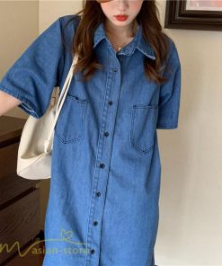ミディアム | ワンピース デニムワンピース 半袖 ひざ丈 シャツワンピース 夏新作 体型カバー デニム フリーサイズ レトロ風 カジュアル 膝丈 かわいい 無地 ワンピ きれいめ