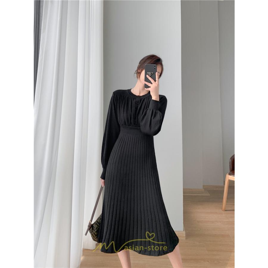 ニットワンピース | レディース 冬 きれいめ ロング おしゃれ 秋冬 長袖 送料無料 着痩せ 無地 通勤 提灯袖 可愛い パフスリーブ 20代30代40代50代