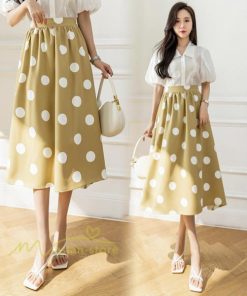 スカート | ロング丈フレアウエストゴム レディース 春夏 体型カバー ドット柄 フェミニン デイリー 通勤通学 着痩せ 着回し カジュアル お出かけ 20代30代40代