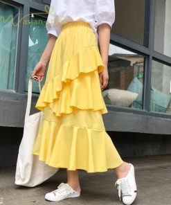 スカート | Aライン フレア裾 不規則アシンメトリー シフォン 韓国風 ティアード フリーサイズ 2020夏コーデ プリーツフレア ウエストゴム ハイウエスト