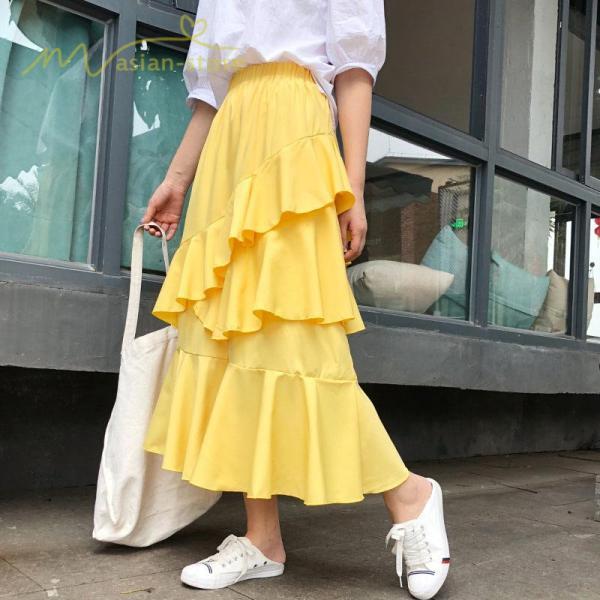 スカート | Aライン フレア裾 不規則アシンメトリー シフォン 韓国風 ティアード フリーサイズ 2020夏コーデ プリーツフレア ウエストゴム ハイウエスト