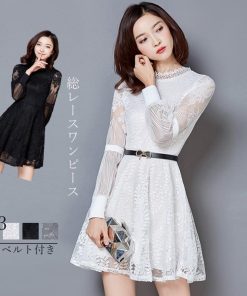 ワンピース | 総レース パーティードレス スカラップ ベルト付き パフスリーブ フレアワンピ 披露宴 レディース 透け感
