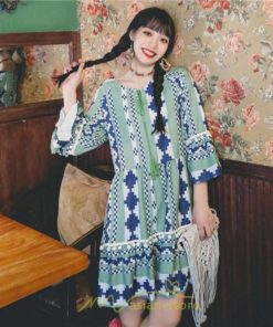 ミニ丈 | ワンピース 夏秋 レディース 長袖 綿麻 ひざ上 ショート かわいい リゾート 休み 旅行 お出かけ 華やか 着痩せ ゆったり 幾何学柄 エスニック風 Vネック 民族風