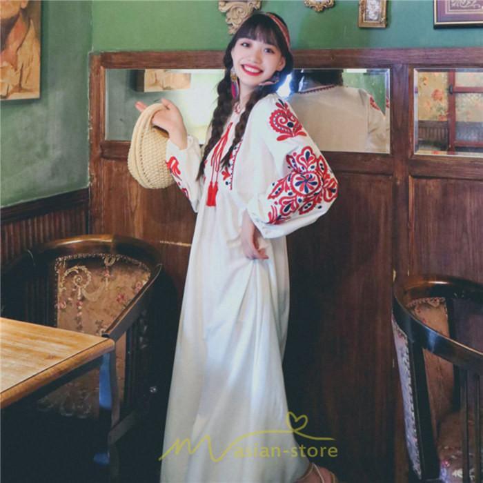 マキシ | 花柄ワンピース 丸首 リゾート ワンピース レディース 長袖 夏秋 ロング丈 マキシ丈 大人 上品 刺繍 綿麻 二次会 女子会 旅行 お出かけ コットン バカンス