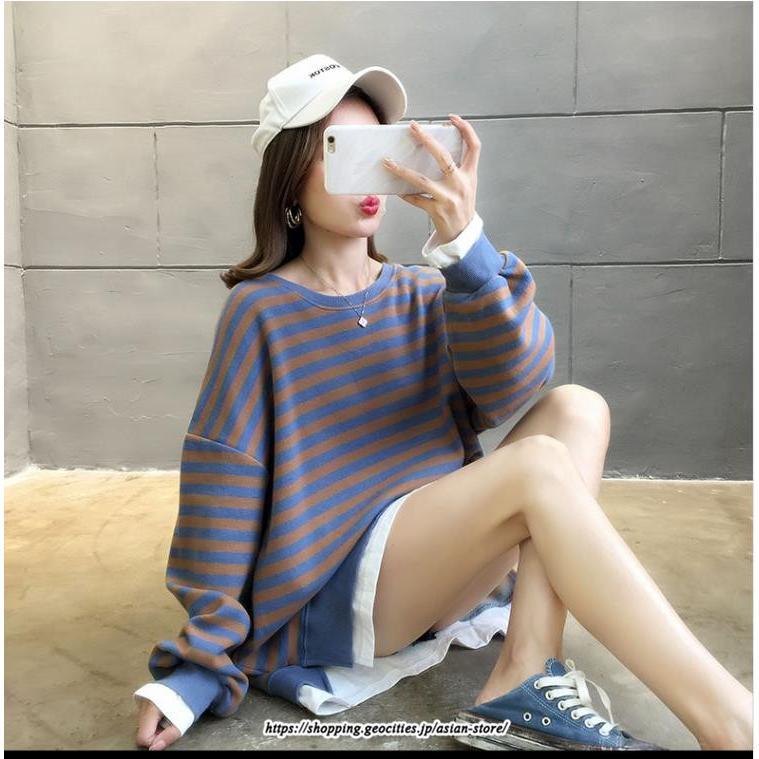 パーカー | 重ね着風トレーナー レディース 長袖 トップス カジュアル スウェット ボーダー柄 ゆったり トレーナー トップス 切り替え 可愛い きれいめ レイヤード風