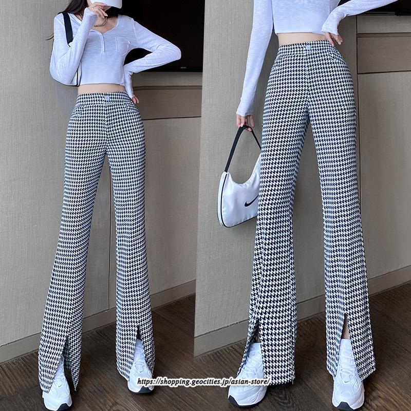 チノ・テーパード・ジョガー・スキニーパン | パンツ レディース フレアパンツ ロングパンツ 千鳥格柄 スリット カジュアル ハイウエスト ワイドパンツ トレンド おしゃれ 送料無料 楽ちん お出かけ かわいい