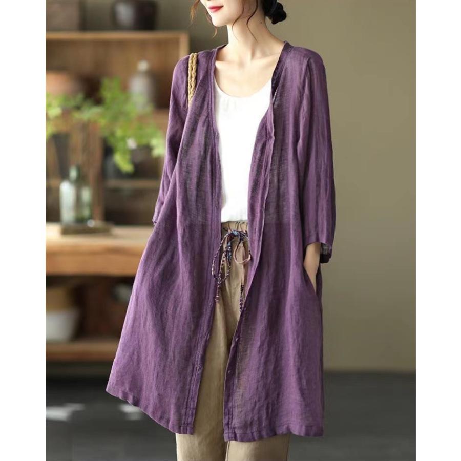 カーディガン | レディース リネン 麻混 ロング 春 秋 ゆったり 7分袖 40代 50代 無地 4色 冷え防止 透け感 羽織 初秋 30代 秋大きいサイズ 20代