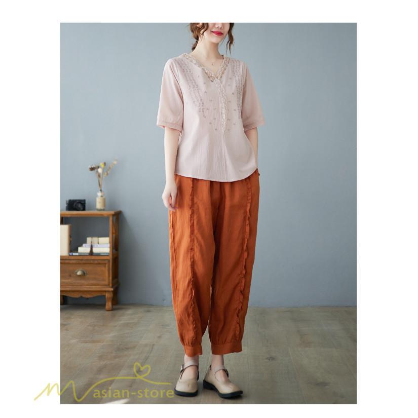 tシャツ・カットソー | Tシャツ ブラウス レディース Vネック カジュアル エレガント 半袖 30代 40代 カットソー 夏新作 おしゃれ 大きいサイズ 体型カバー コットン 麻混 ゆったり